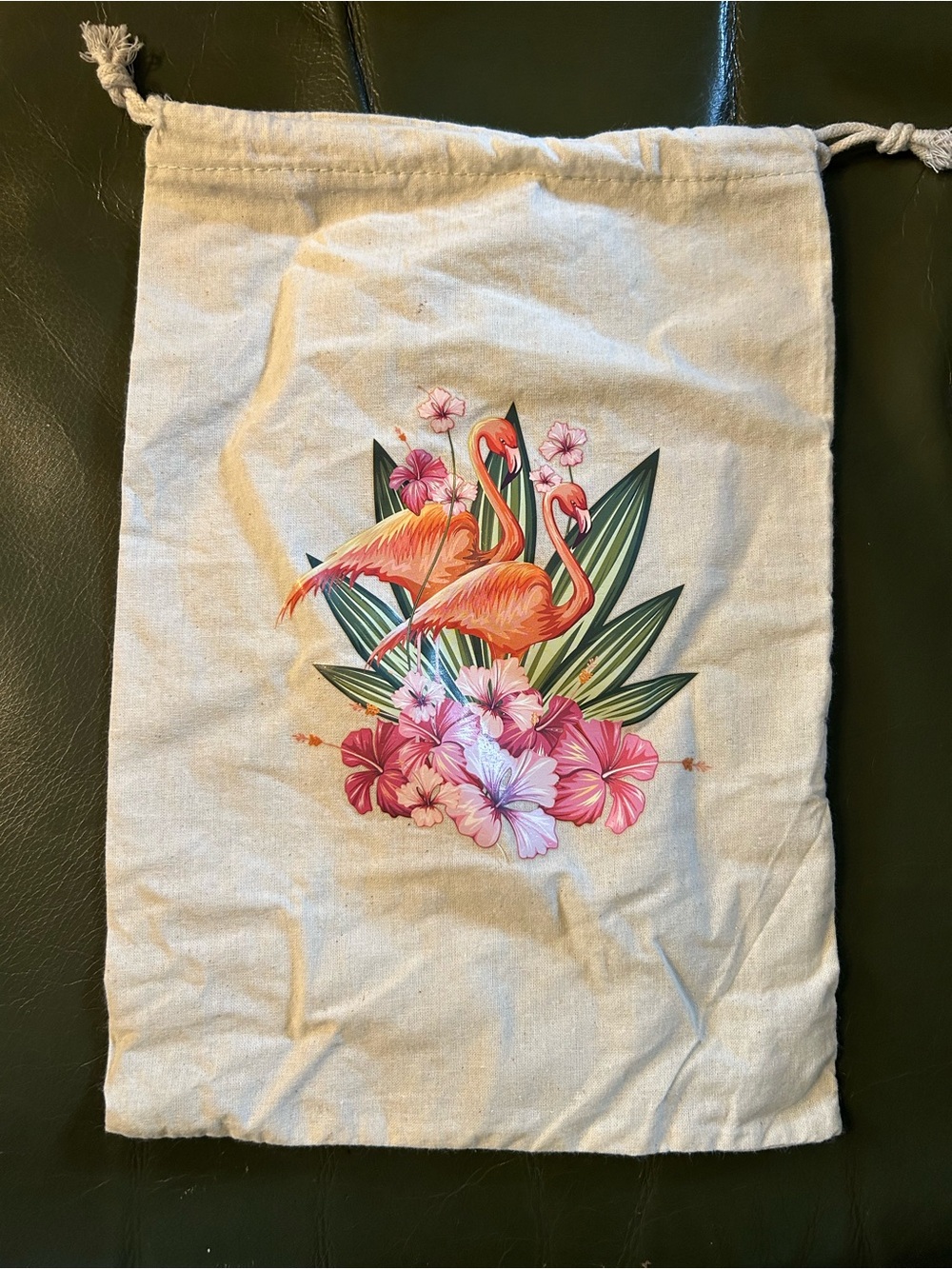 Natural linen Drawstring Bag - Pink Flamingo and Tropical Flower Image